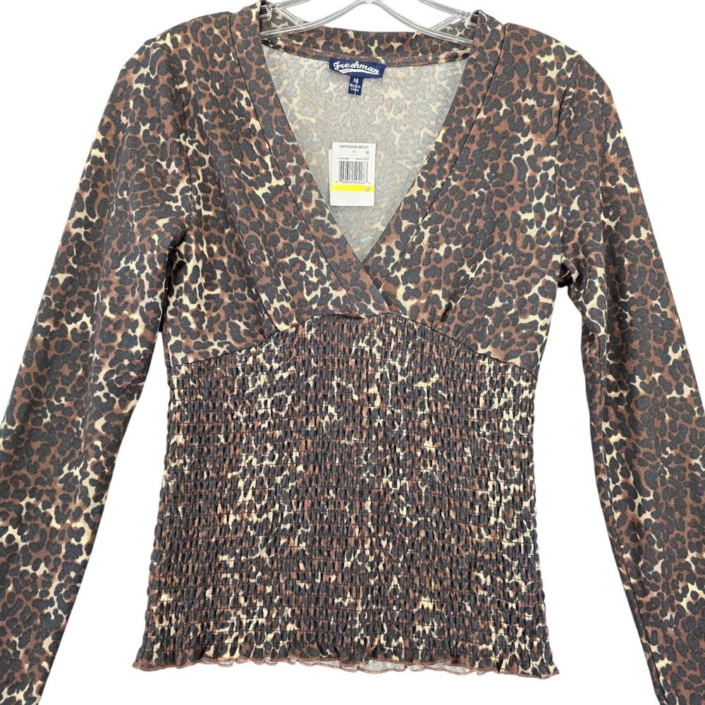 Freshman 1996 Brown Leopard Shirt NEW Stretch Preppy Bodycon Long Sleeve Women M